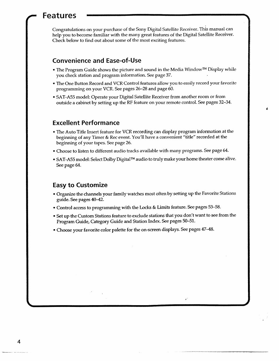 Features, Convenience and ease-of-use, Excellent performance | Easy to customize | Sony SAT-A55 User Manual | Page 4 / 80