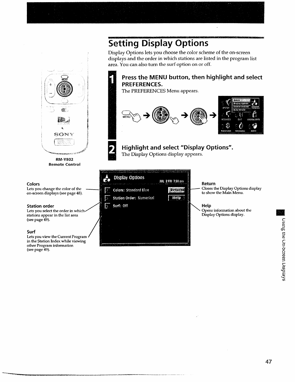 Setting display options, Colors, Station order | Surf, Highlight and select "display options, Return, Help | Sony SAT-A55 User Manual | Page 47 / 80