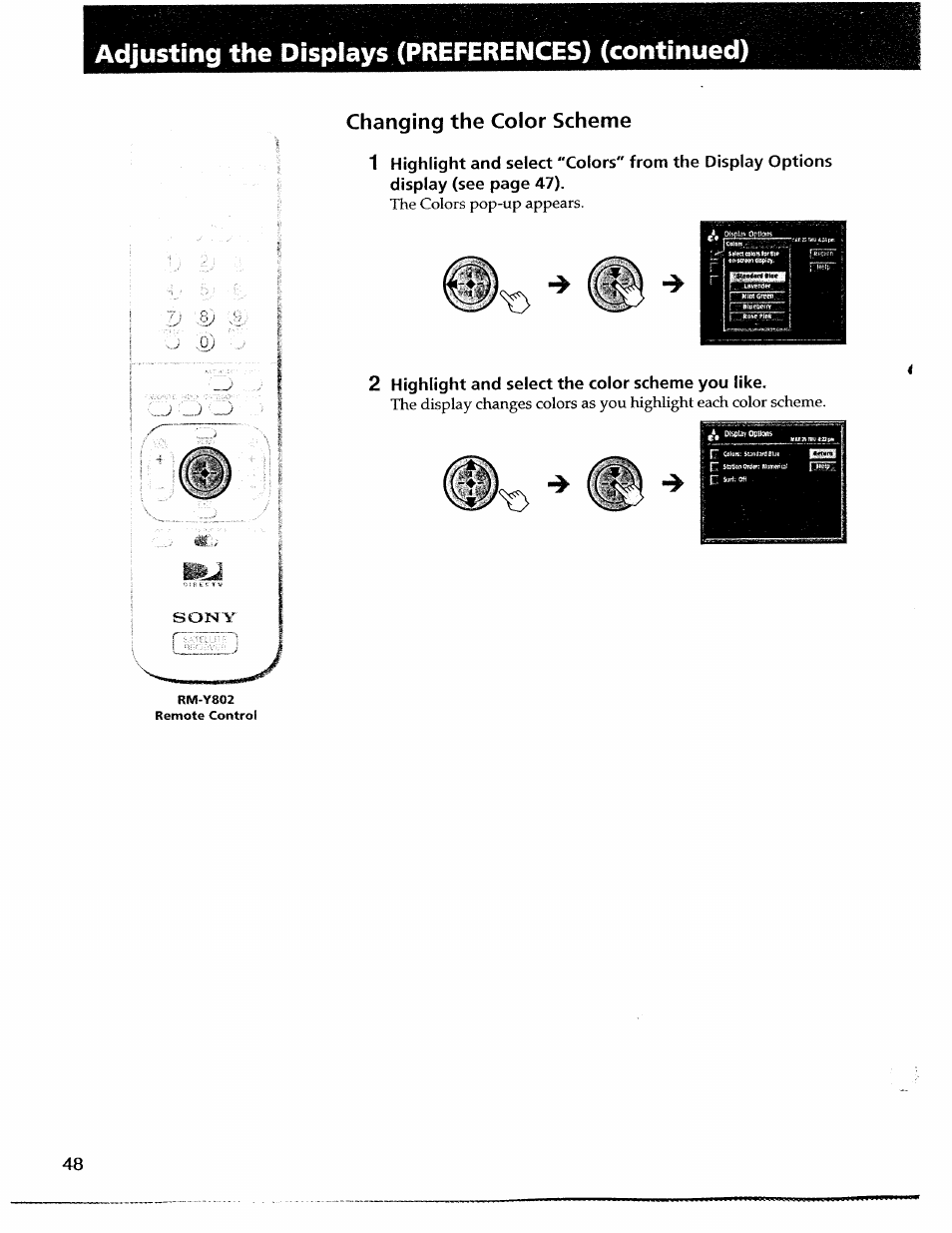 Changing the color scheme, Adjusting the displays (preferences) (continued) | Sony SAT-A55 User Manual | Page 48 / 80