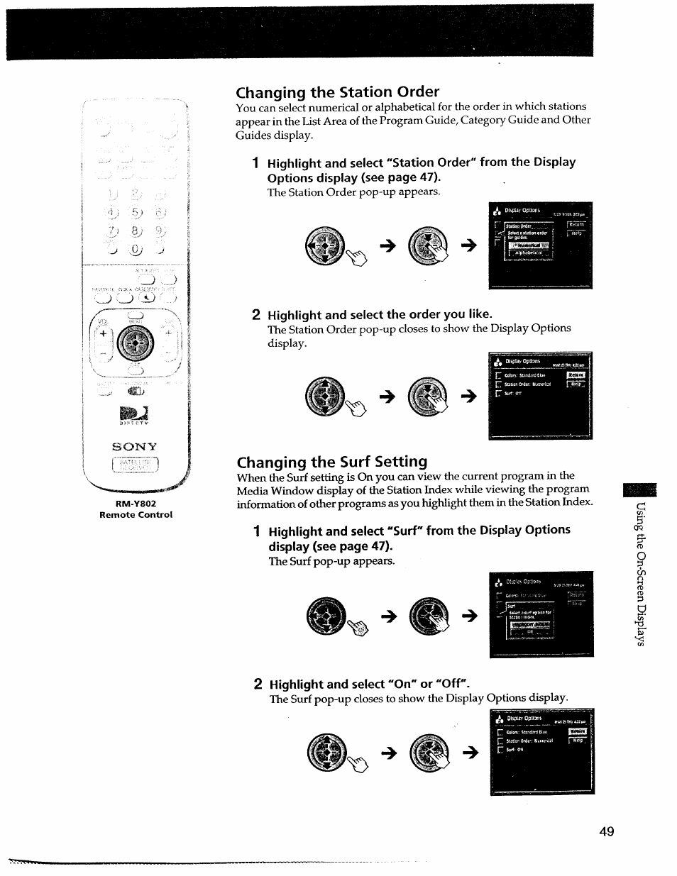 Changing the station order, Changing the surf setting | Sony SAT-A55 User Manual | Page 49 / 80