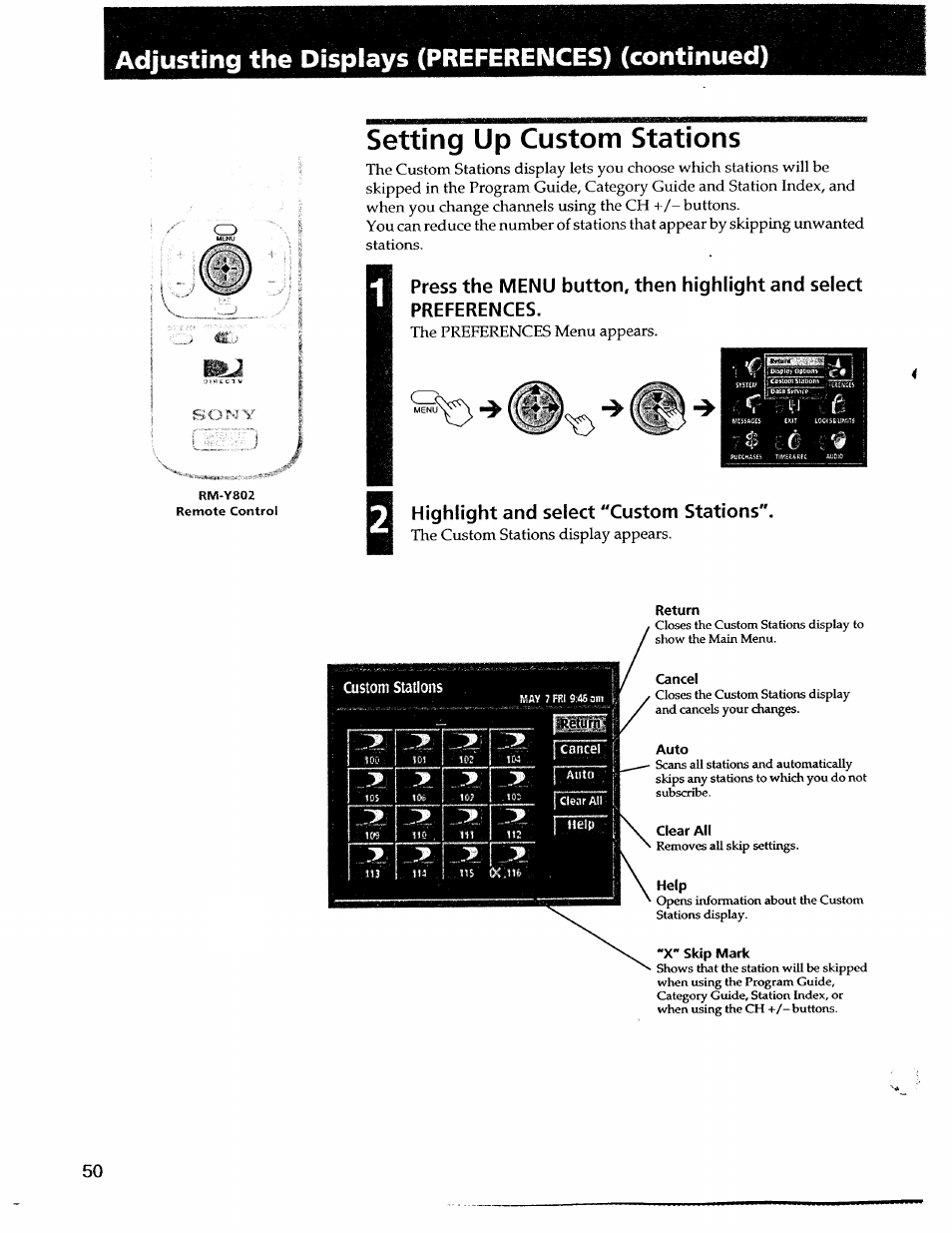 Setting up custom stations, Highlight and select "custom stations, Return | Adjusting the displays (preferences) (continued) | Sony SAT-A55 User Manual | Page 50 / 80