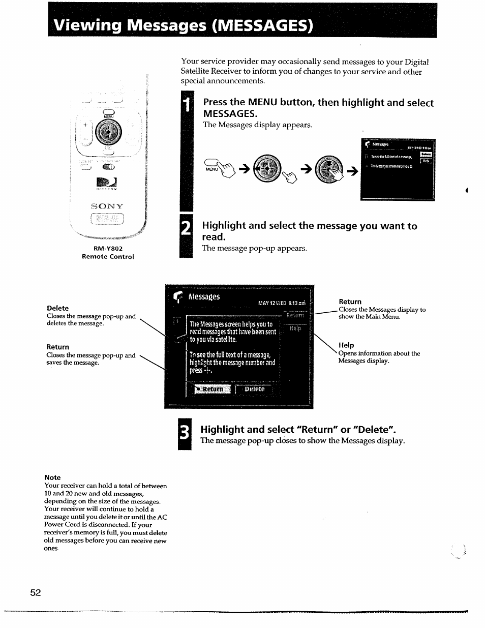 Viewing messages (messages), Highlight and select the message you want to read, Delete | Return, Help, Note, Highlight and select "return" or "delete | Sony SAT-A55 User Manual | Page 52 / 80