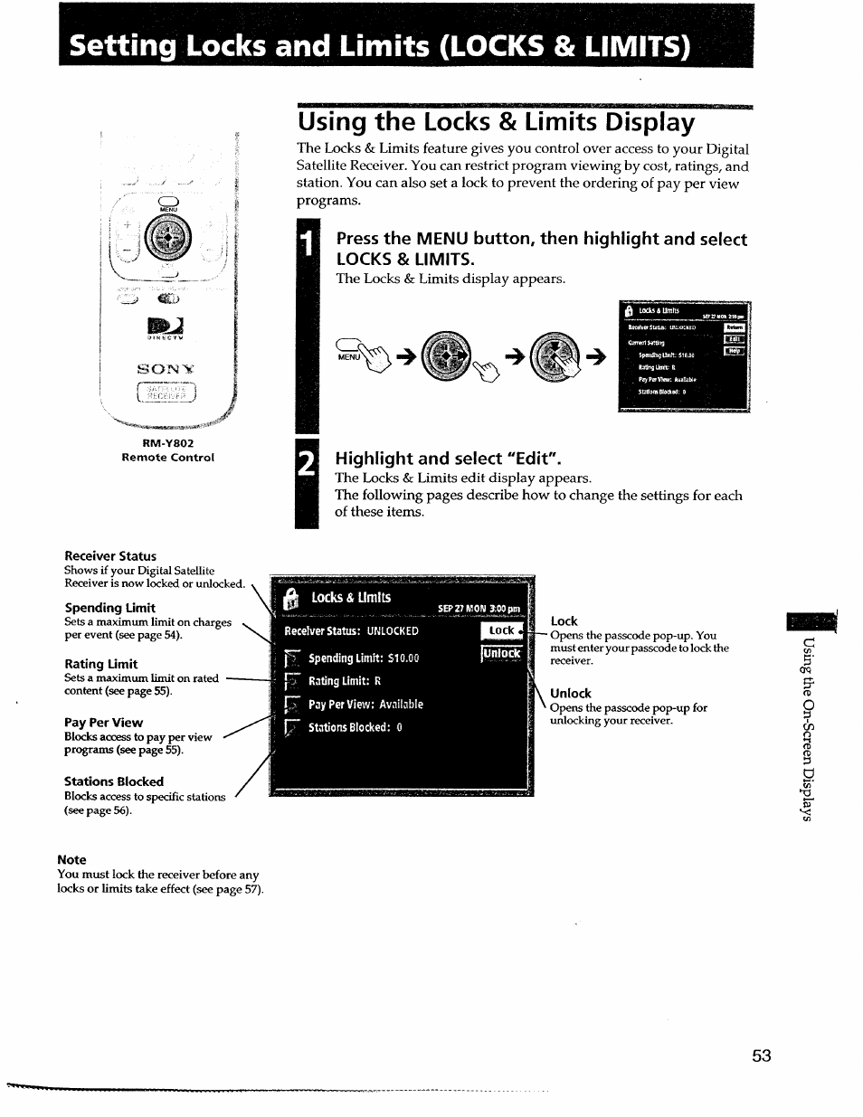 Setting locks and limits (locks & limits), Using the locks & limits display, Highlight and select "edit | Receiver status, Pay per view, Stations blocked, Rating limit, Note, Setting locks and limits, Locks & limits) | Sony SAT-A55 User Manual | Page 53 / 80