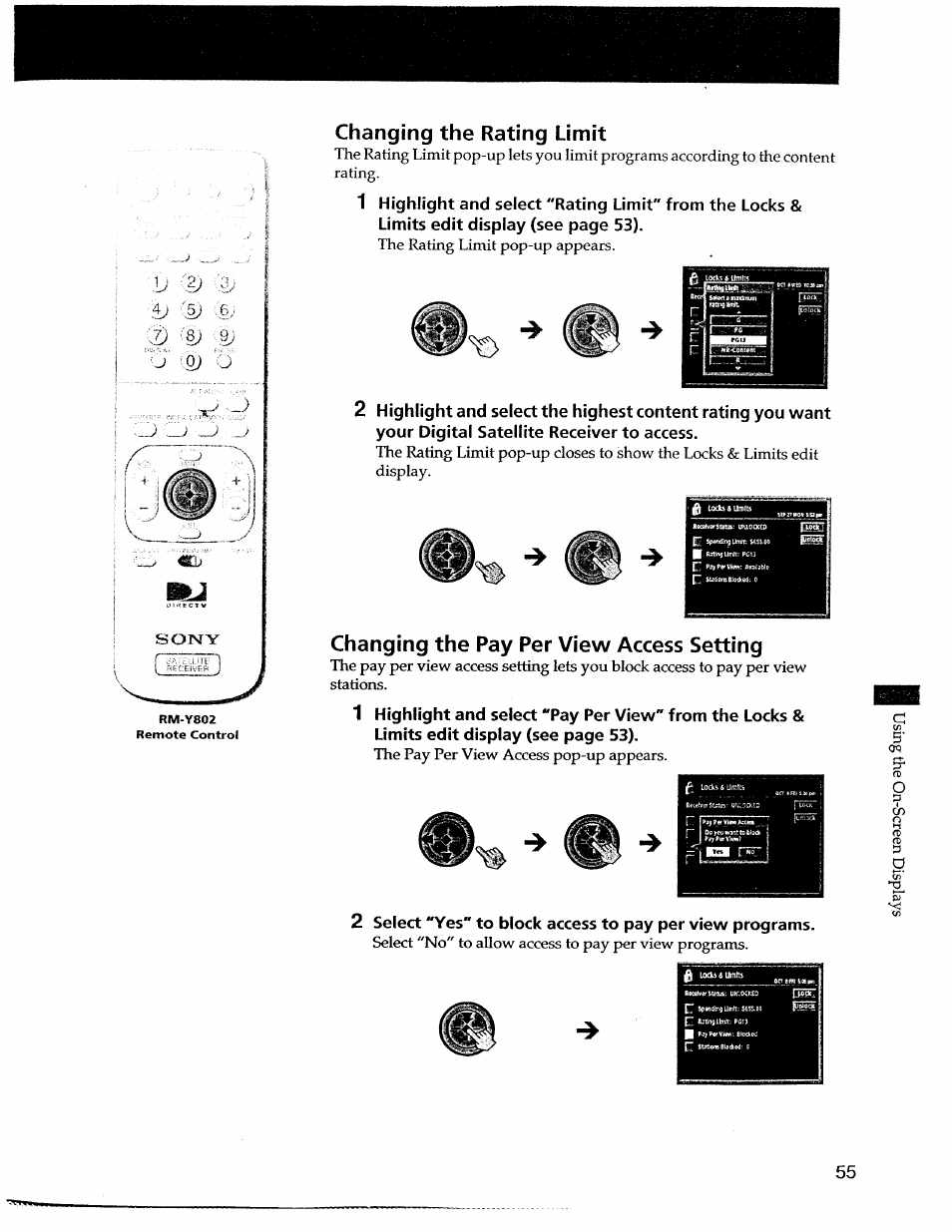 Changing the rating limit, Changing the pay per view access setting | Sony SAT-A55 User Manual | Page 55 / 80