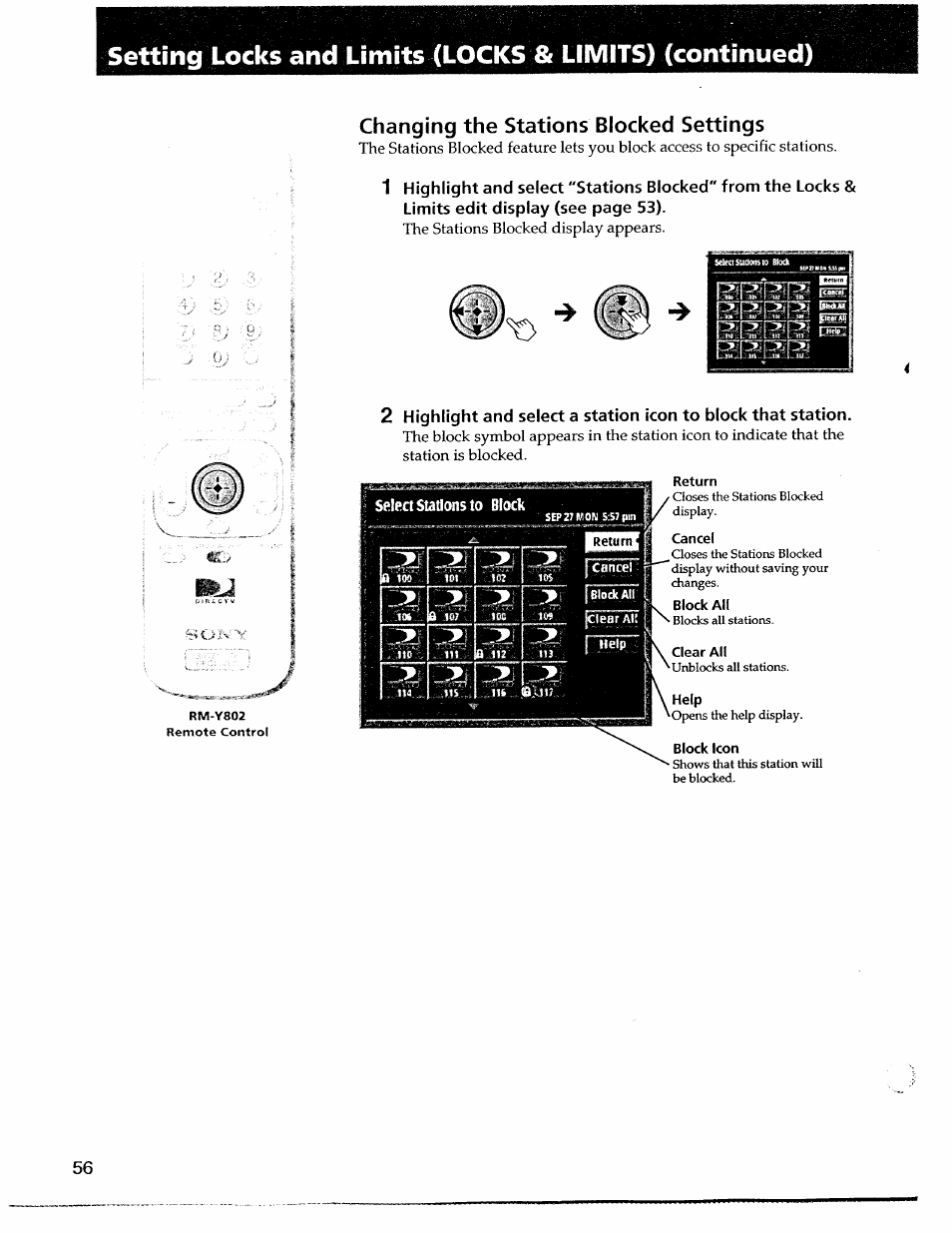 Changing the stations blocked settings, Select stations to block, Return | Cancel, Block all, Clear all, Help | Sony SAT-A55 User Manual | Page 56 / 80