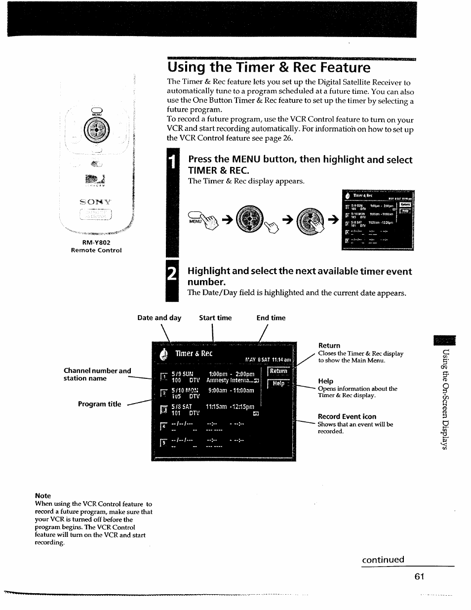 Using the timer & rec feature, Date and day start time end time, Note | Sony SAT-A55 User Manual | Page 61 / 80