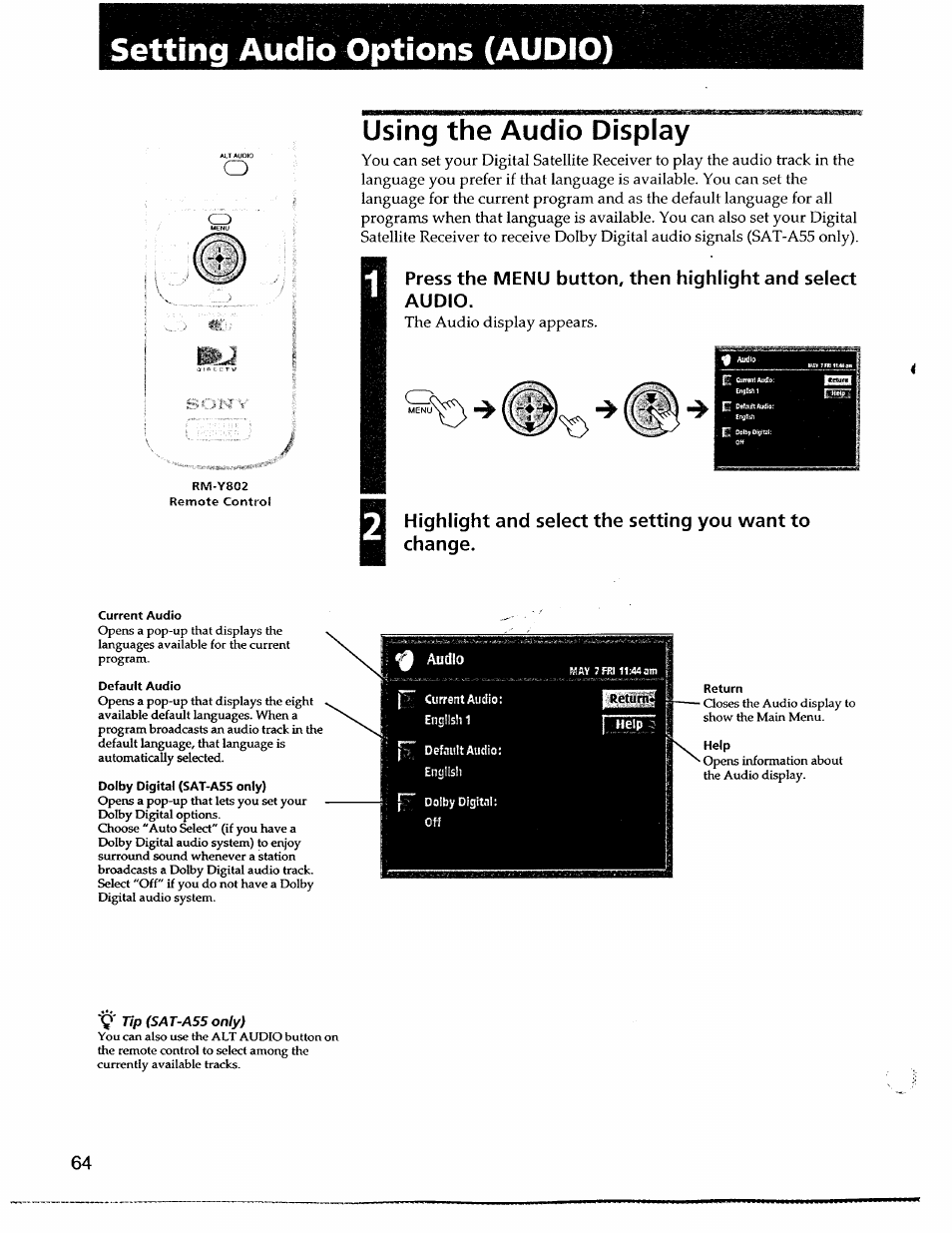 Setting audio options (audio), Using the audio display, Audio | Sony SAT-A55 User Manual | Page 64 / 80