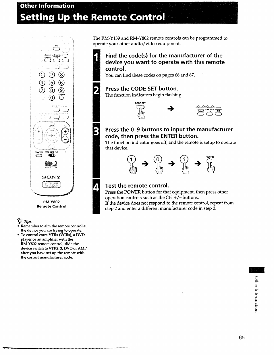 Setting up the remote control, Press the code set button, Test the remote control | 0 (d (d, Other information, Tips | Sony SAT-A55 User Manual | Page 65 / 80