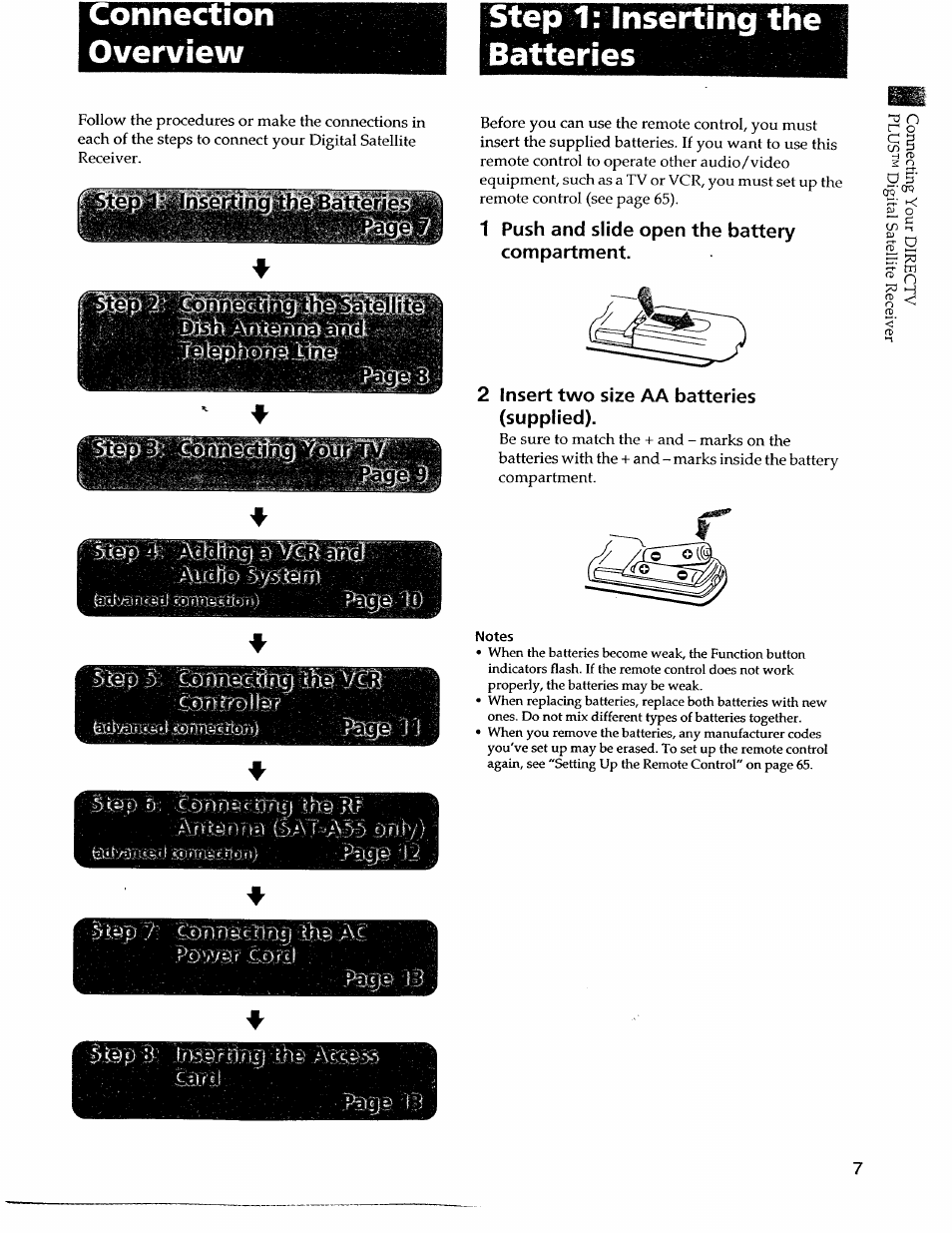 Tep 1: inserting batteries, 1 push and slide open the battery compartment, Insert two size aa batteries (supplied) | Step 1: inserting the batteries, Connection overview | Sony SAT-A55 User Manual | Page 7 / 80