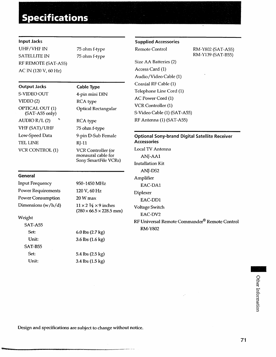 Specifications, Supplied accessories | Sony SAT-A55 User Manual | Page 71 / 80