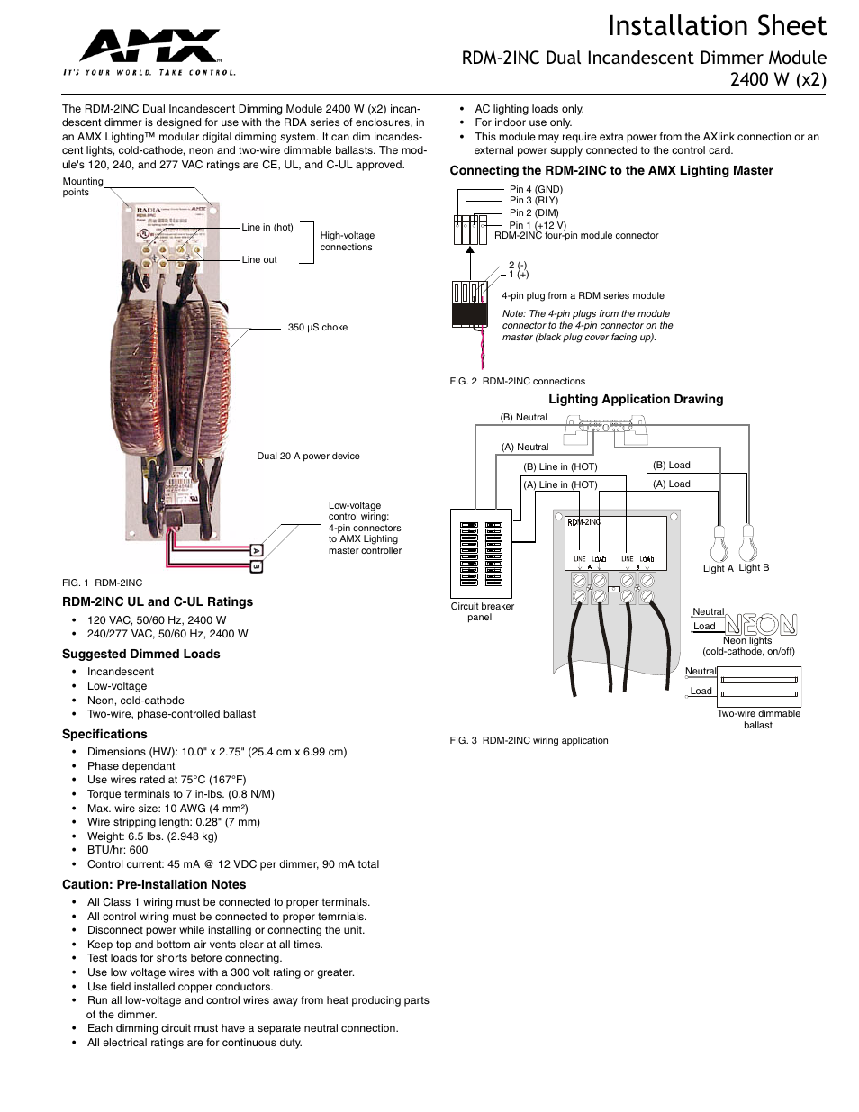 AMX Dual Incandescent Dimmer Module RDM-2INC User Manual | 2 pages