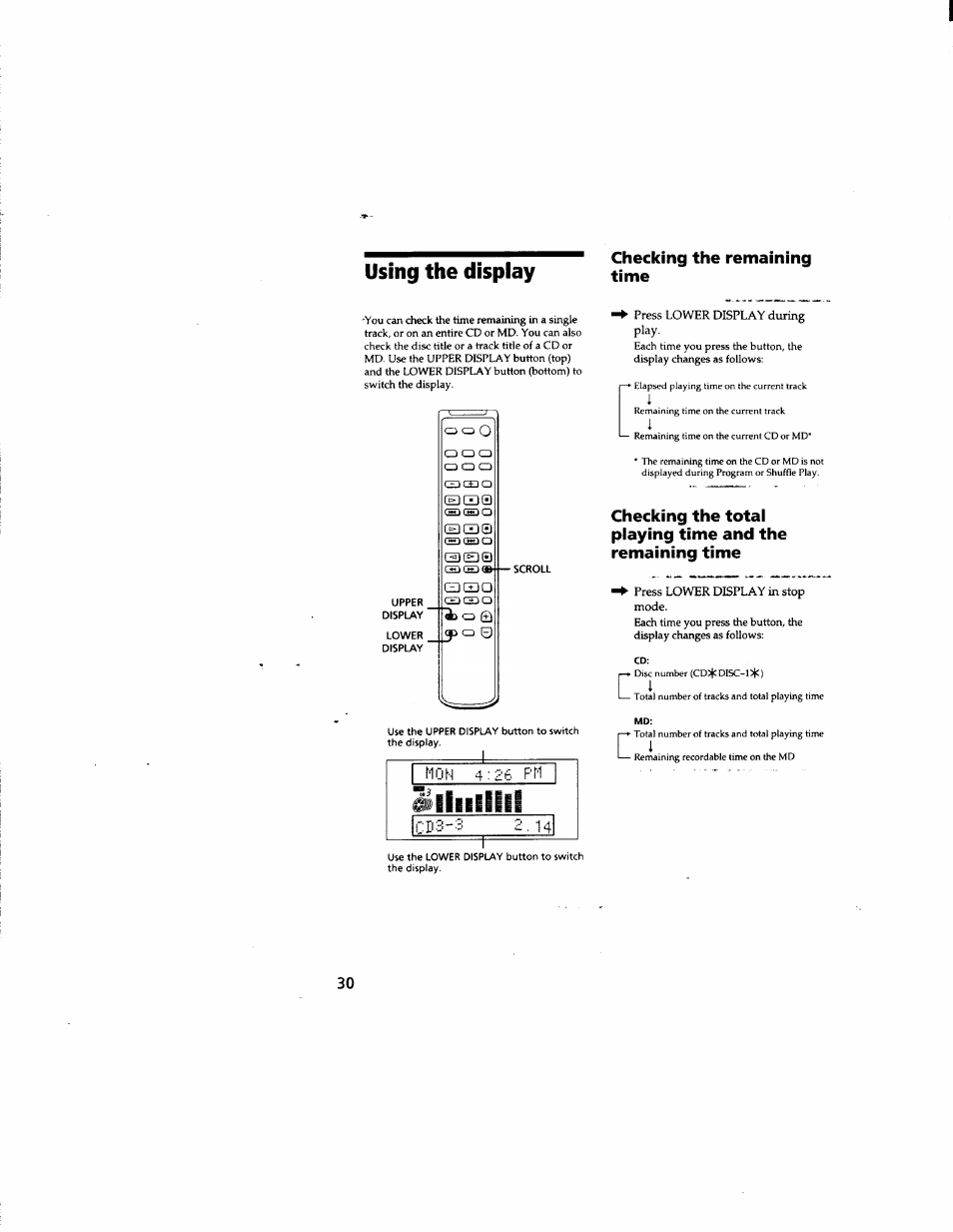 Using the display, Checking the remaining time | Sony DHC-MD555 User Manual | Page 30 / 100