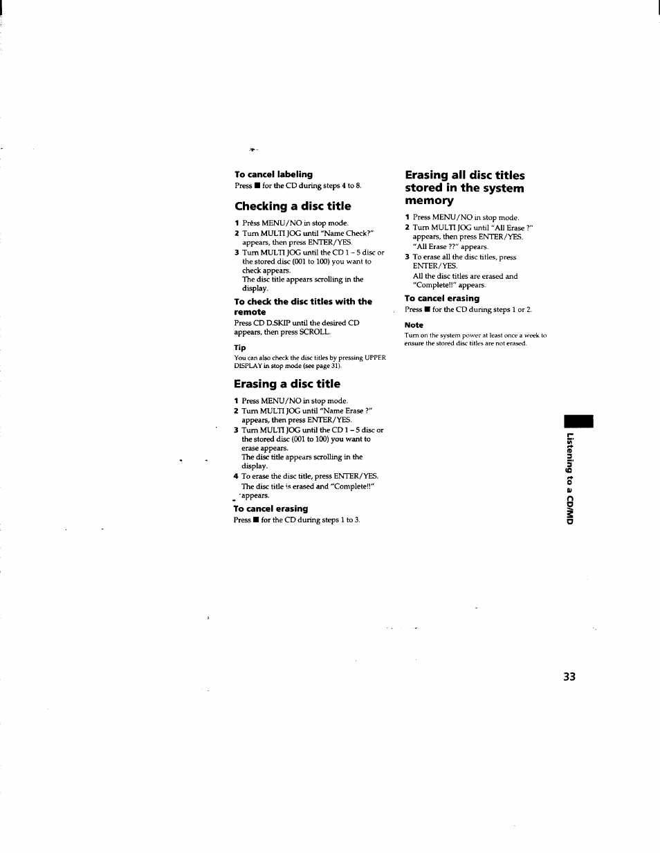 To cancel labeling, Checking a disc title, To check the disc titles with the remote | Erasing a disc title, To cancel erasing, Note | Sony DHC-MD555 User Manual | Page 33 / 100