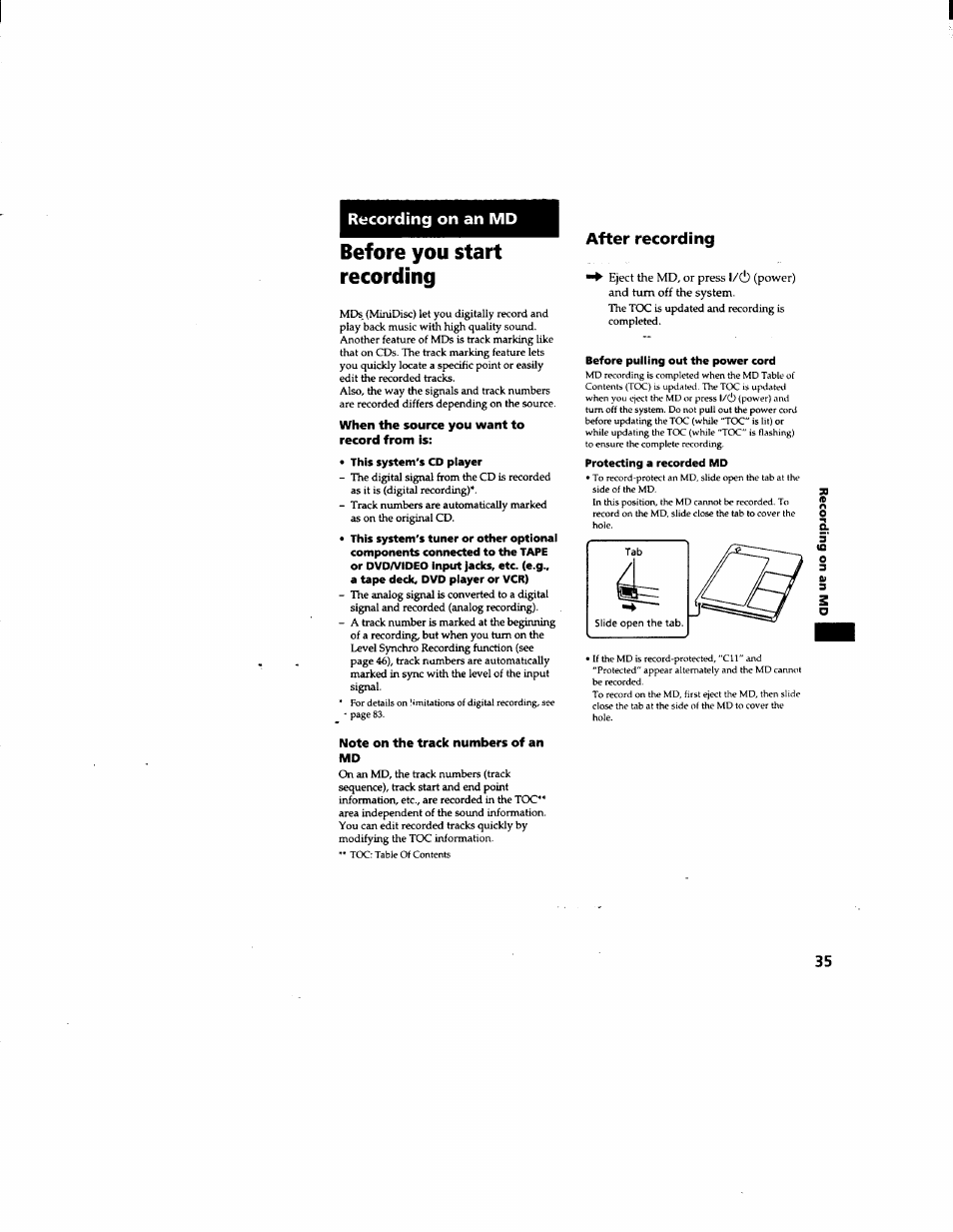 Before you start recording, When the source you want to record from is, Note on the track numbers of an md | After recording, Recording on an md | Sony DHC-MD555 User Manual | Page 35 / 100