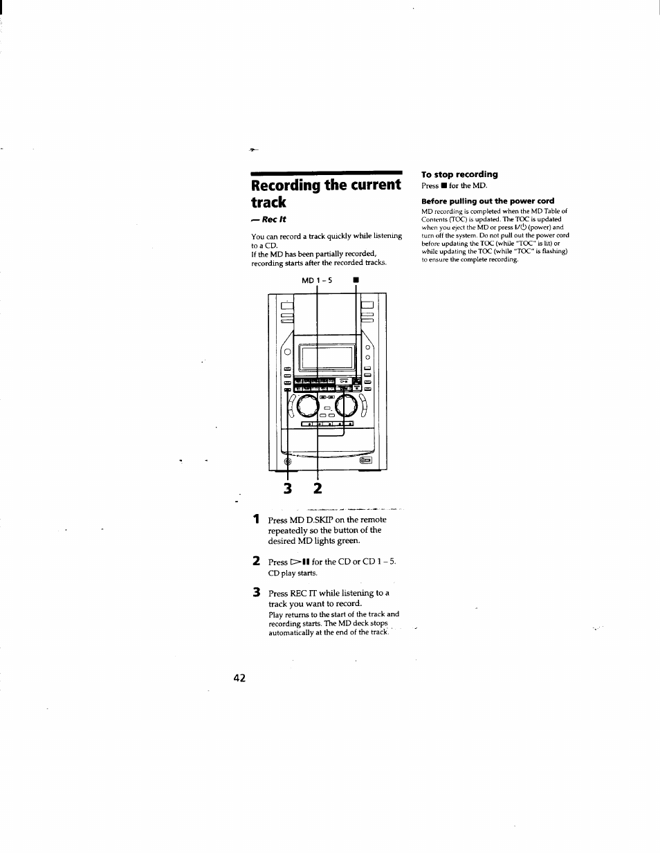 Recording the current track, To stop recording | Sony DHC-MD555 User Manual | Page 42 / 100