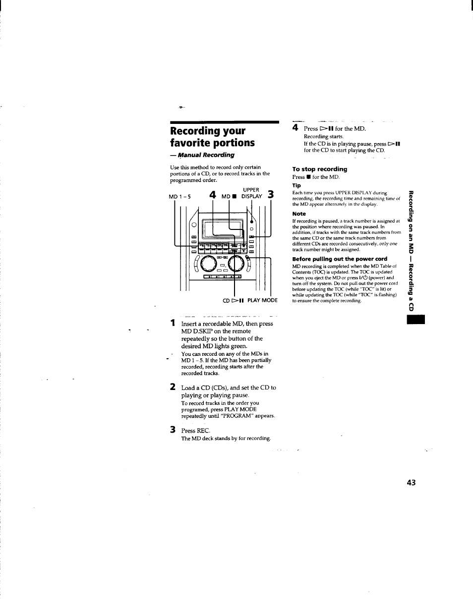 Recording your favorite portions, Manual recording, To stop recording | Note | Sony DHC-MD555 User Manual | Page 43 / 100