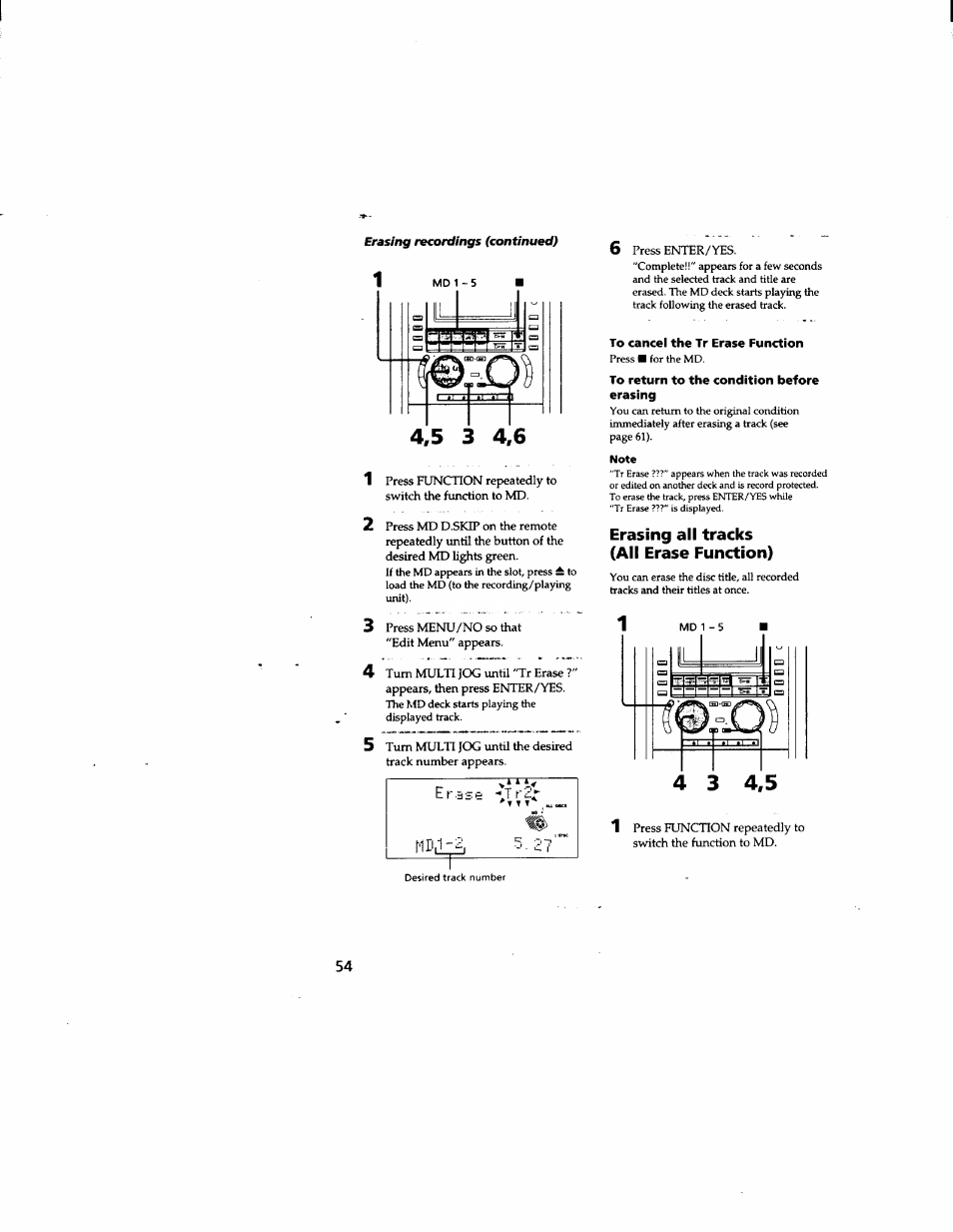 To cancel the tr erase function, To return to the condition before erasing, Note | Erasing all tracks (all erase function) | Sony DHC-MD555 User Manual | Page 54 / 100