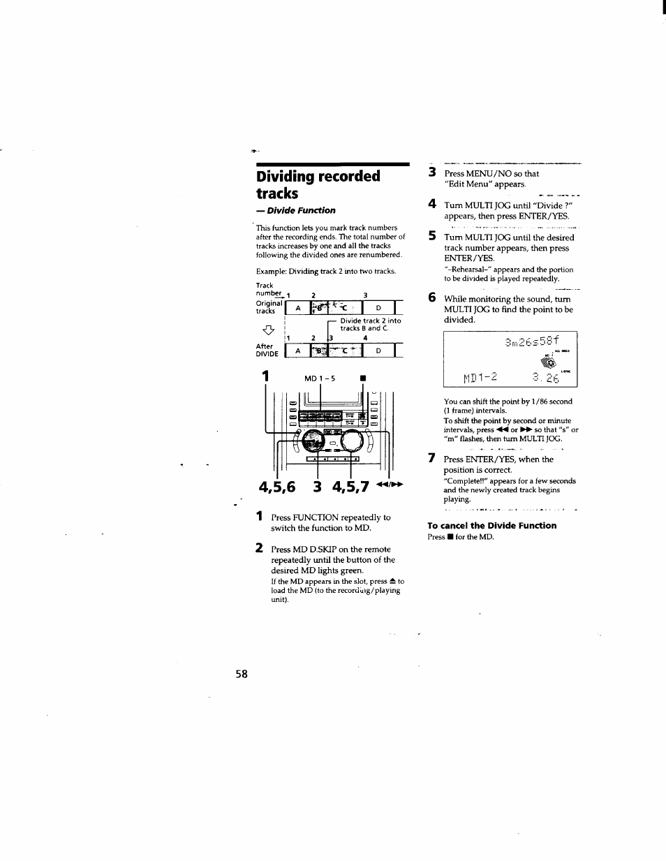 Dividing recorded tracks, Divide function, To cancel the divide function | Sony DHC-MD555 User Manual | Page 58 / 100