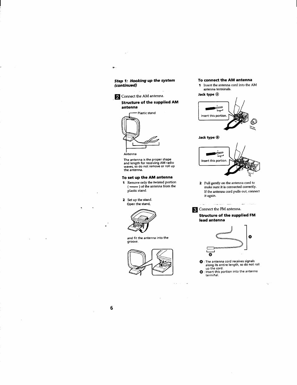 Structure of the supplied am antenna, To set up the am antenna, To connect the am antenna | Structure of the supplied fm lead antenna | Sony DHC-MD555 User Manual | Page 6 / 100