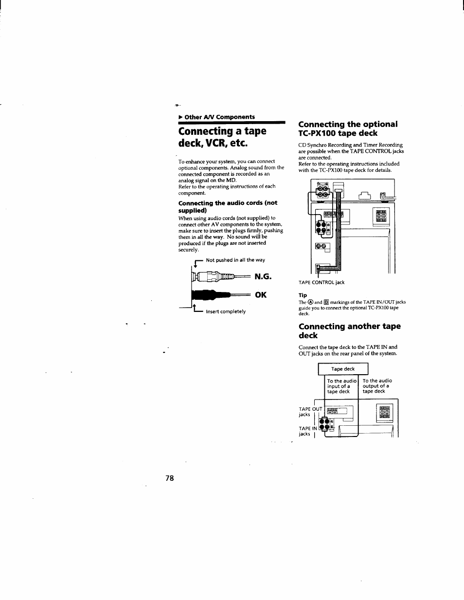 Other a/v components, Connecting a tape deck, vcr, etc, Connecting the audio cords (not supplied) | Connecting the optional tc-px100 tape deck, Connecting another tape deck, Coimecting a tape deck, vcr, etc, N.g. ok connecting the optional tc-px100 tape deck | Sony DHC-MD555 User Manual | Page 78 / 100
