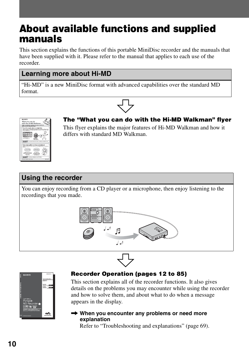 About available functions and supplied manuals, Learning more about hi-md, Using the recorder | About available functions and supplied, Manuals | Sony MZ-RH910 User Manual | Page 10 / 115