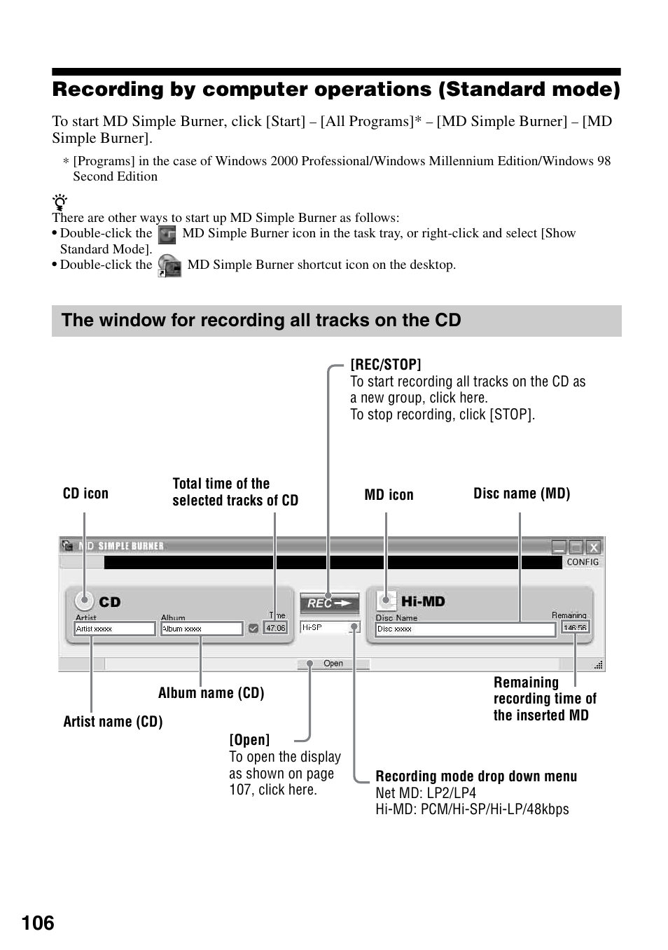 Recording by computer operations (standard mode), The window for recording all tracks on the cd | Sony MZ-RH910 User Manual | Page 106 / 115