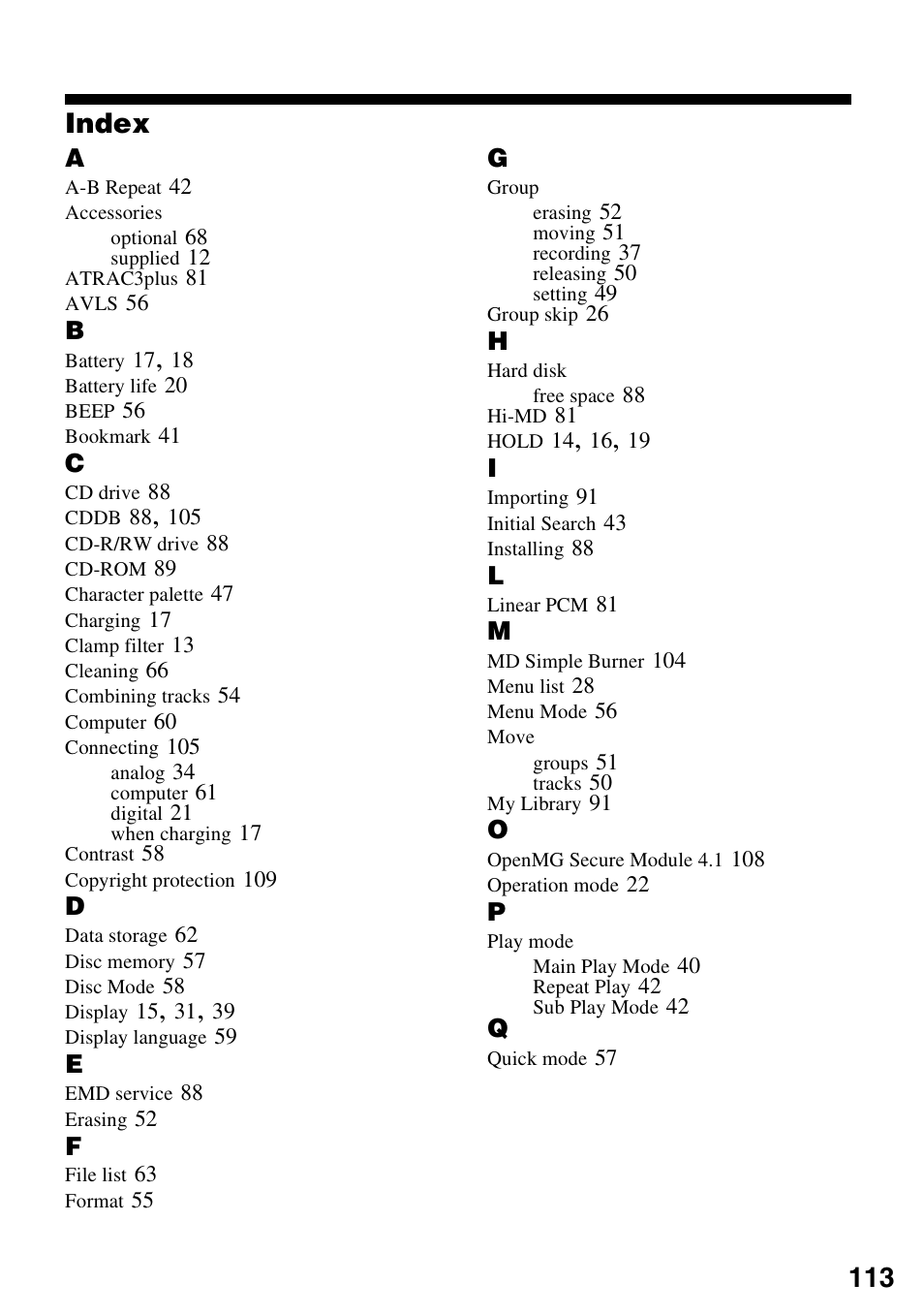 Index | Sony MZ-RH910 User Manual | Page 113 / 115