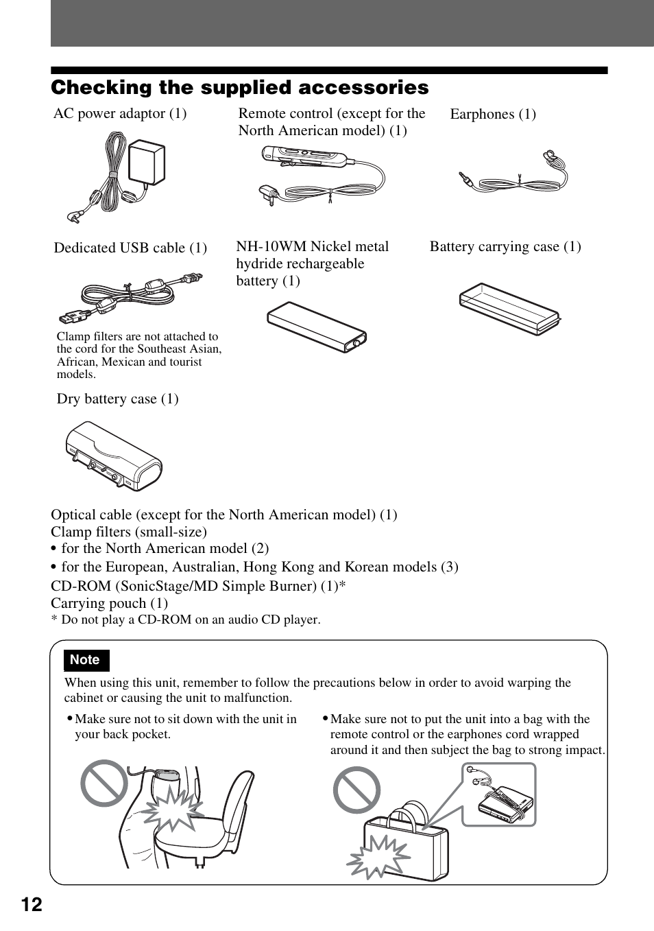 Recorder operation, 12 checking the supplied accessories | Sony MZ-RH910 User Manual | Page 12 / 115