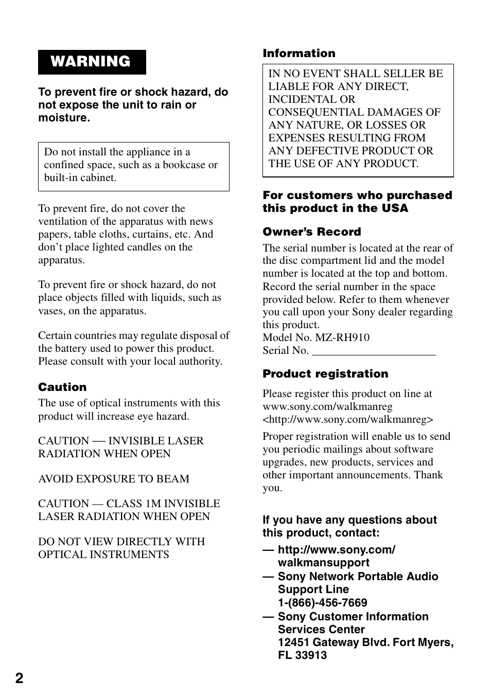 Warning | Sony MZ-RH910 User Manual | Page 2 / 115