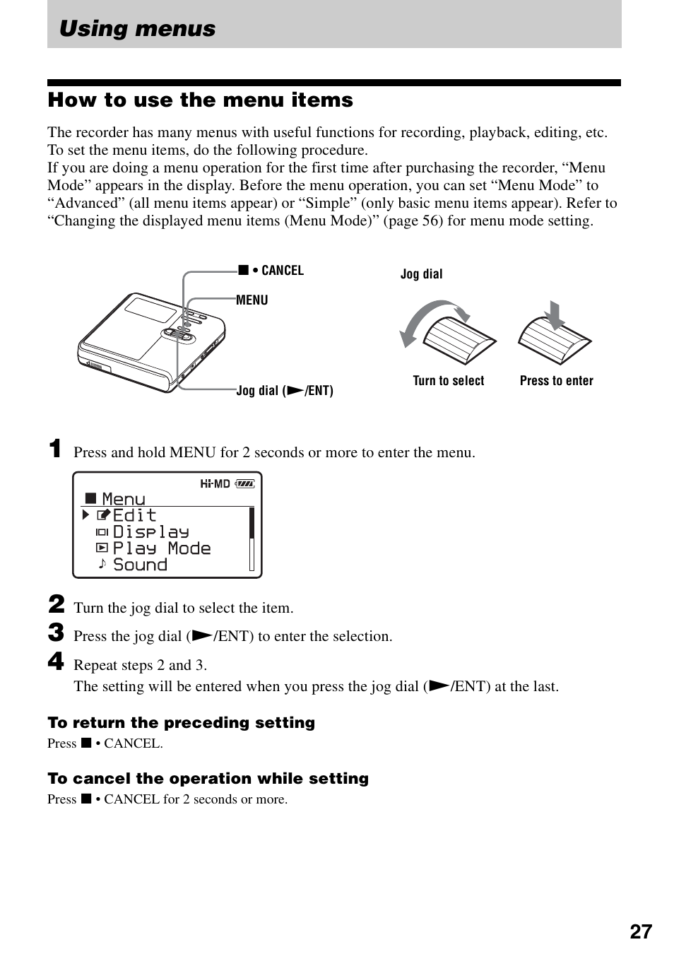 Using menus, How to use the menu items | Sony MZ-RH910 User Manual | Page 27 / 115