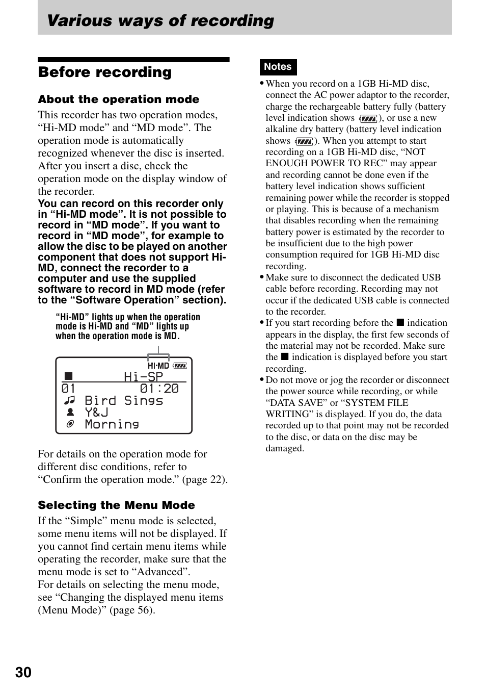 Various ways of recording, Before recording | Sony MZ-RH910 User Manual | Page 30 / 115