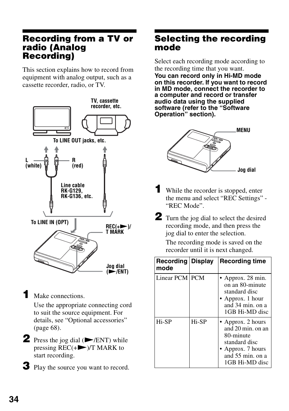 Recording from a tv or radio (analog recording), Selecting the recording mode, 34 recording from a tv or radio (analog recording) | Sony MZ-RH910 User Manual | Page 34 / 115