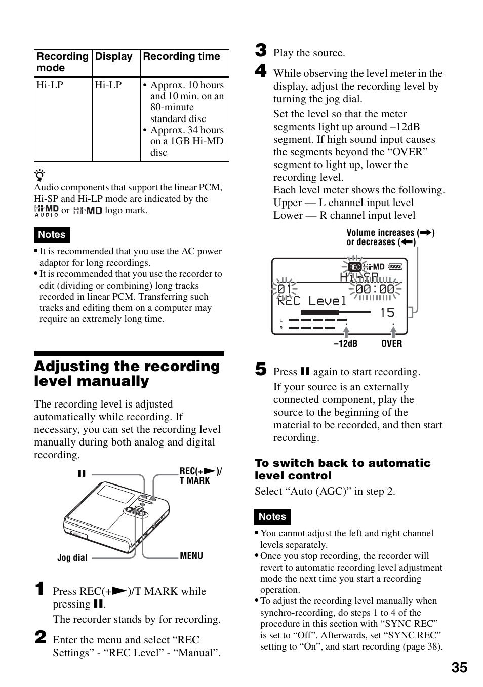 Adjusting the recording level manually | Sony MZ-RH910 User Manual | Page 35 / 115