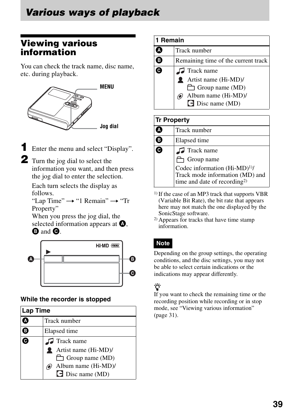 Various ways of playback, Viewing various information | Sony MZ-RH910 User Manual | Page 39 / 115