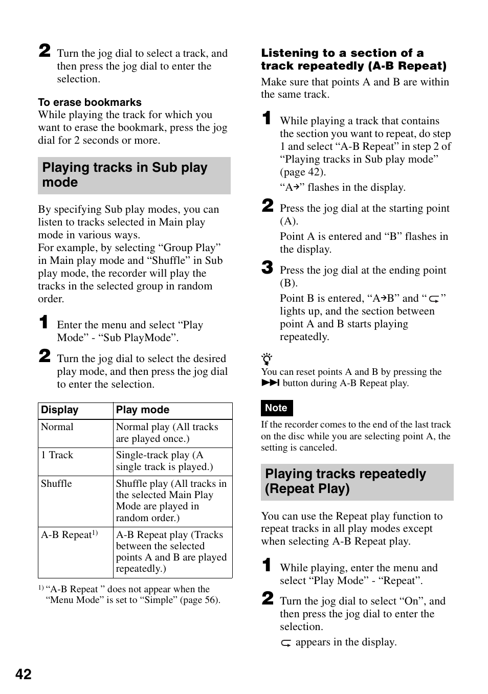 Playing tracks in sub play mode, Playing tracks repeatedly (repeat play) | Sony MZ-RH910 User Manual | Page 42 / 115