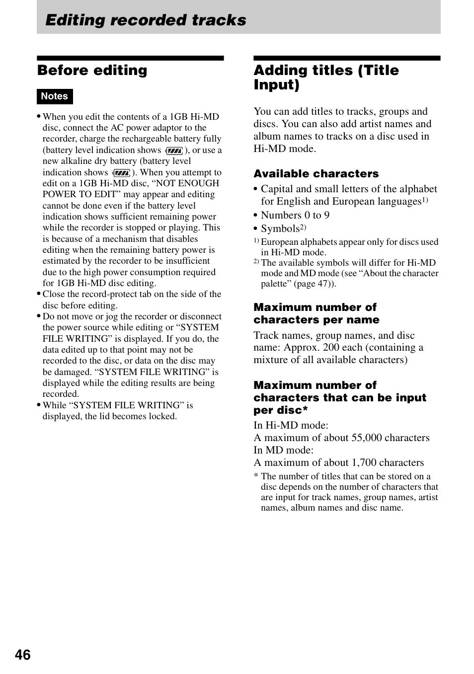 Editing recorded tracks, Before editing, Adding titles (title input) | Before editing adding titles (title input) | Sony MZ-RH910 User Manual | Page 46 / 115