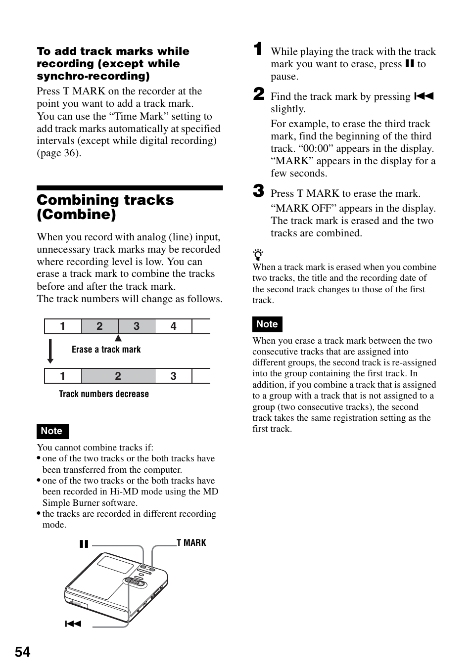 Combining tracks (combine) | Sony MZ-RH910 User Manual | Page 54 / 115