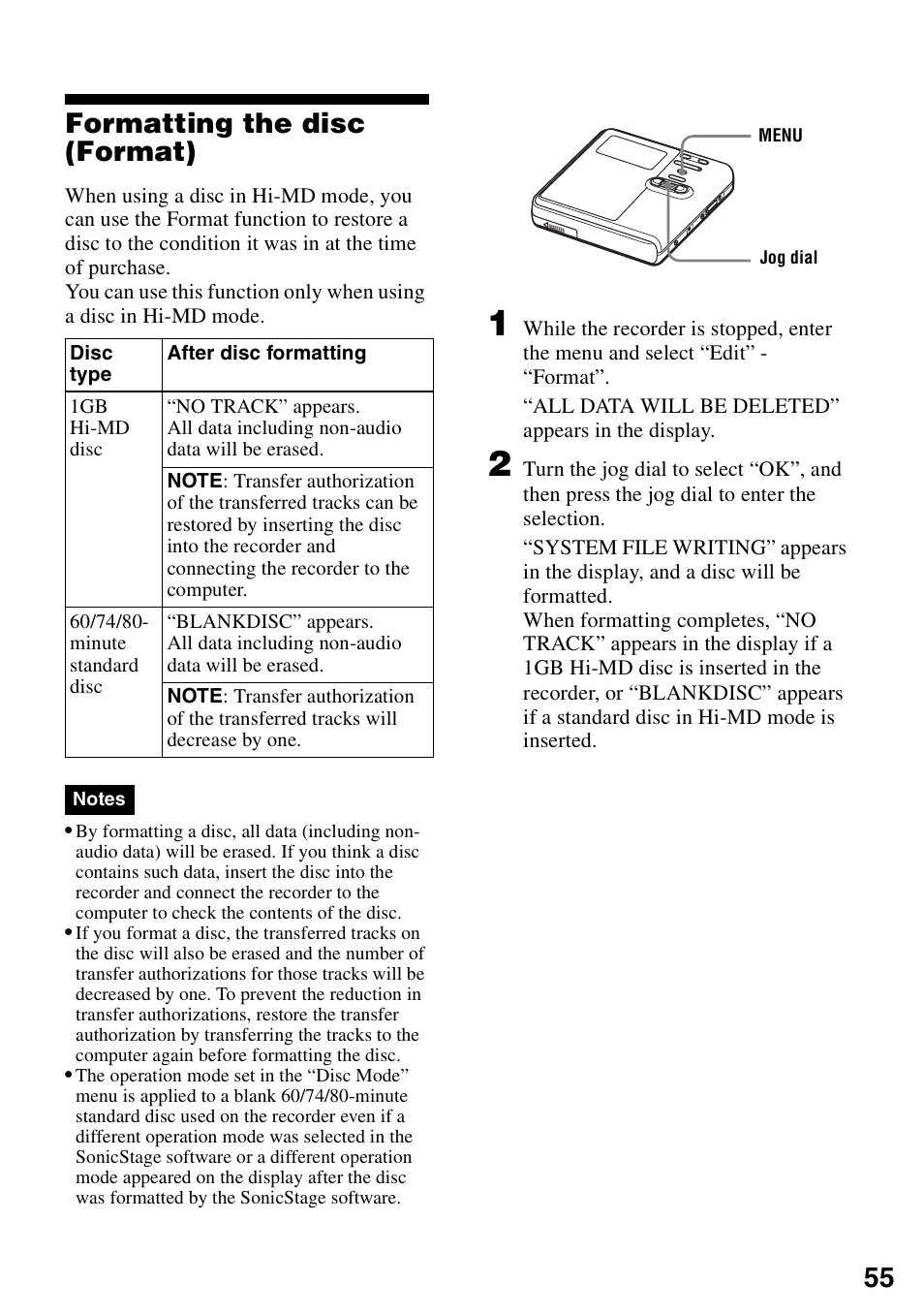 Formatting the disc (format), 55 formatting the disc (format) | Sony MZ-RH910 User Manual | Page 55 / 115