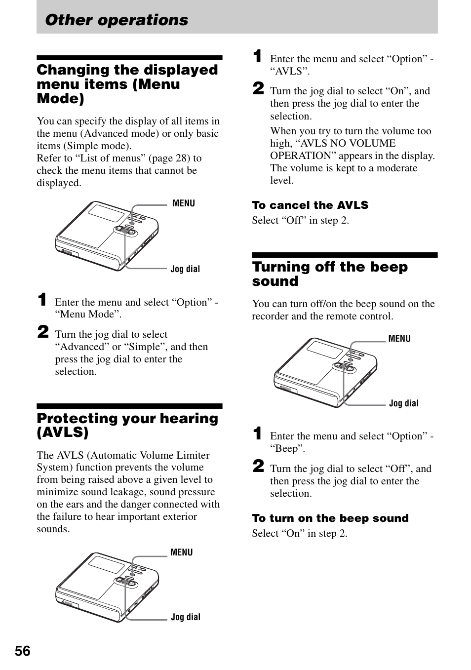 Other operations, Changing the displayed menu items (menu mode), Protecting your hearing (avls) | Turning off the beep sound | Sony MZ-RH910 User Manual | Page 56 / 115