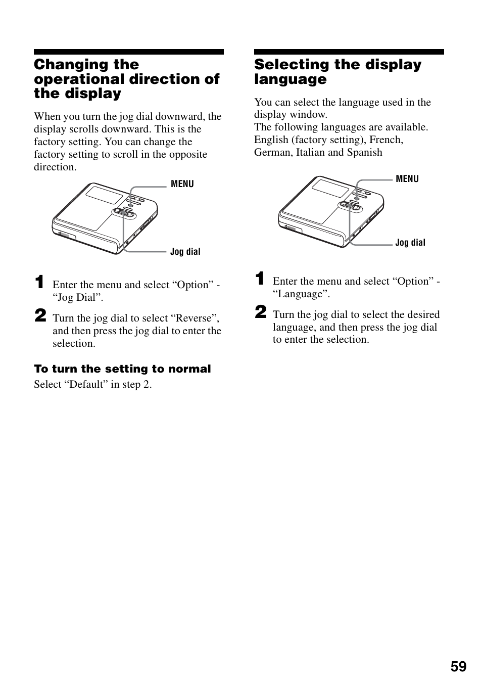 Changing the operational direction of the display, Selecting the display language | Sony MZ-RH910 User Manual | Page 59 / 115