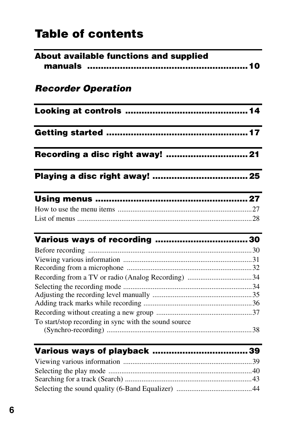 Sony MZ-RH910 User Manual | Page 6 / 115