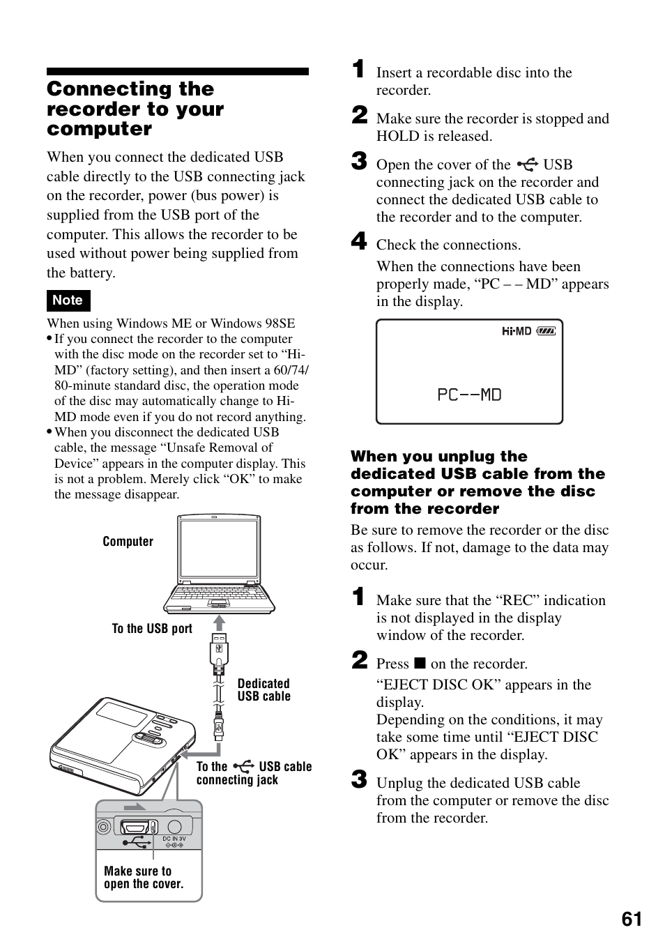 Connecting the recorder to your computer, 61 connecting the recorder to your computer | Sony MZ-RH910 User Manual | Page 61 / 115