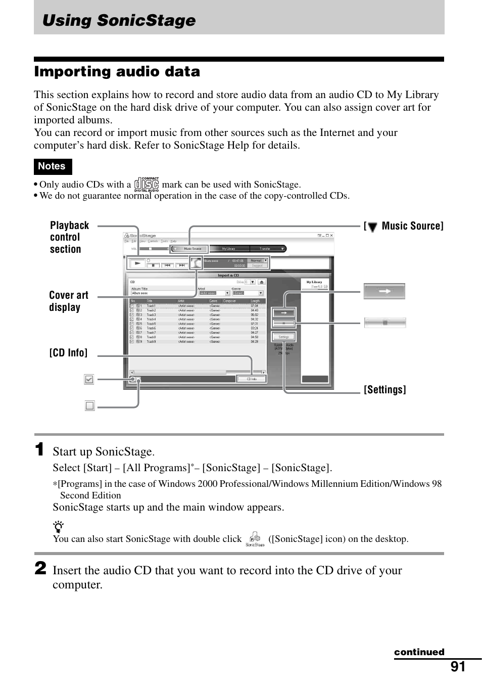 Using sonicstage, Importing audio data | Sony MZ-RH910 User Manual | Page 91 / 115