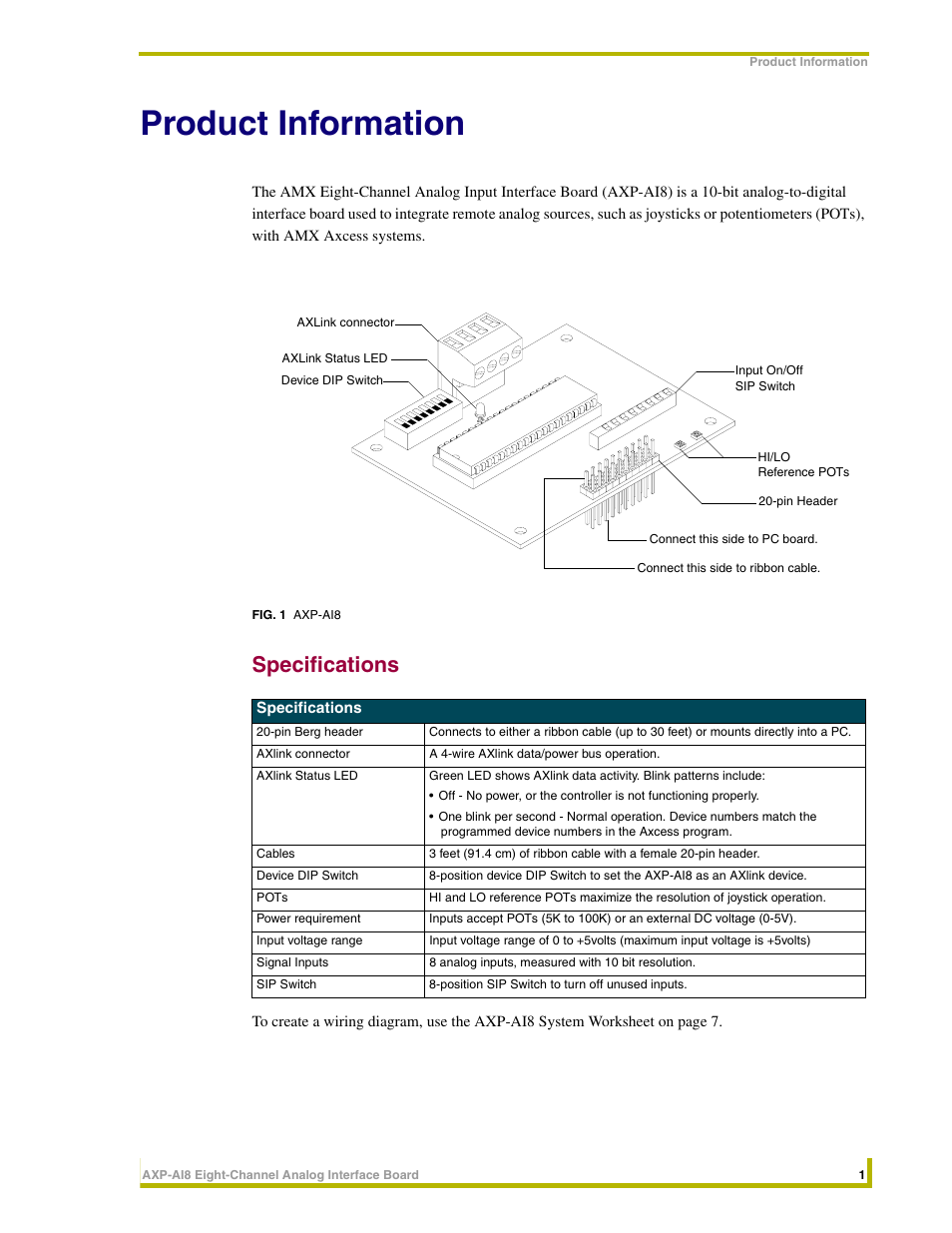 Product information, Specifications | AMX AXP-AI8 User Manual | Page 5 / 14