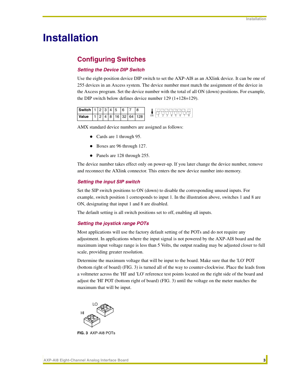 Installation, Configuring switches, Setting the device dip switch | Setting the input sip switch, Setting the joystick range pots | AMX AXP-AI8 User Manual | Page 7 / 14