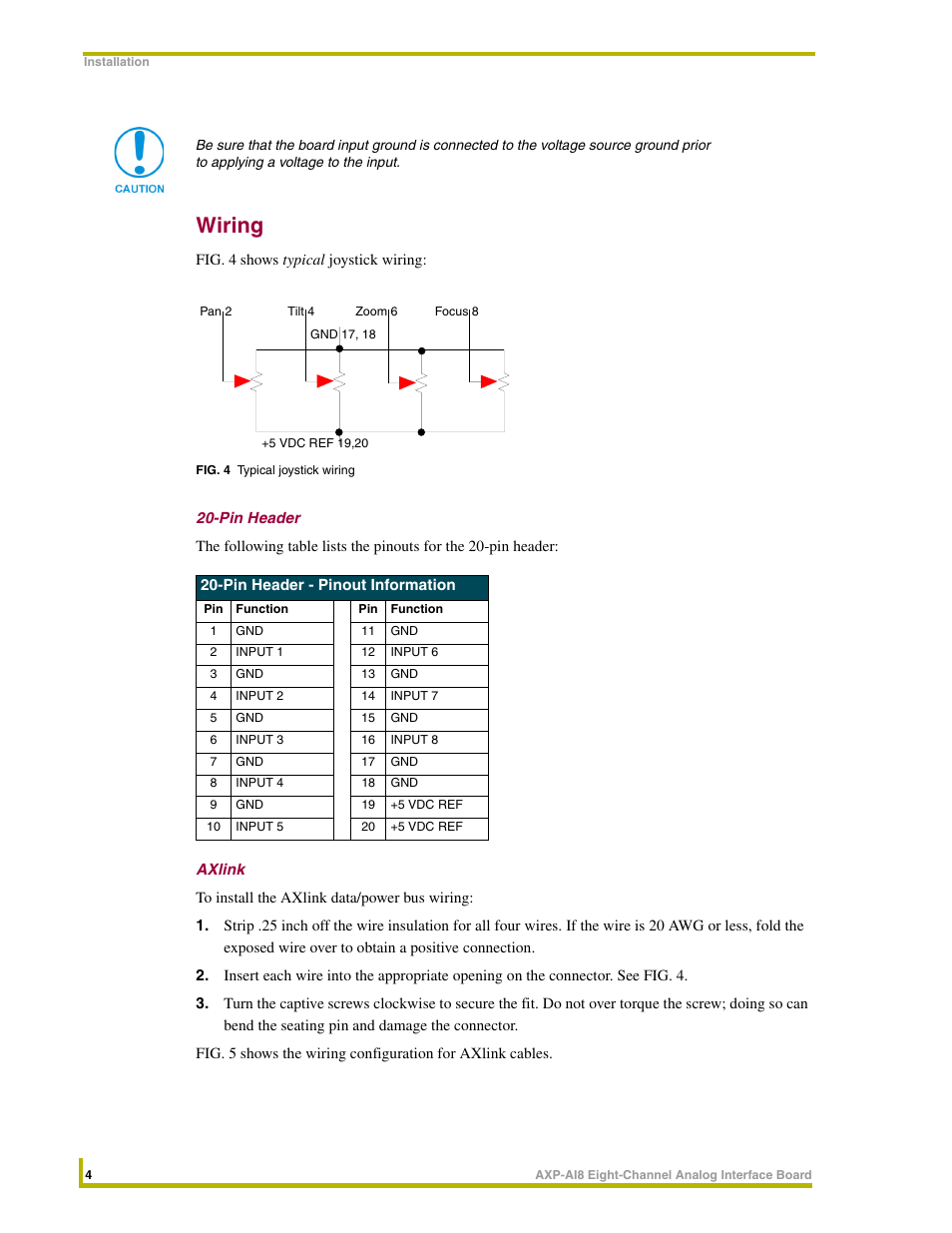 Wiring, Pin header, Axlink | AMX AXP-AI8 User Manual | Page 8 / 14
