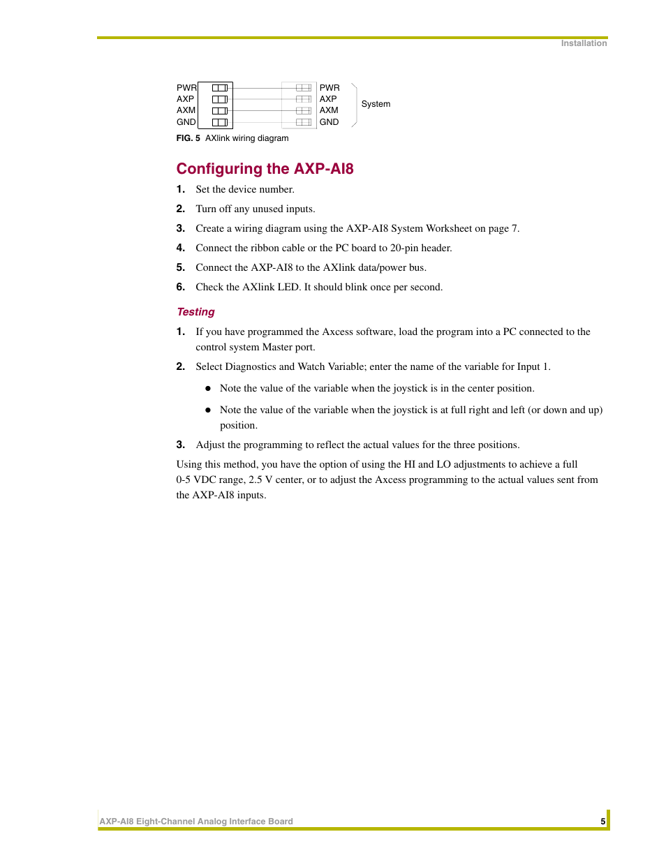 Configuring the axp-ai8, Testing | AMX AXP-AI8 User Manual | Page 9 / 14