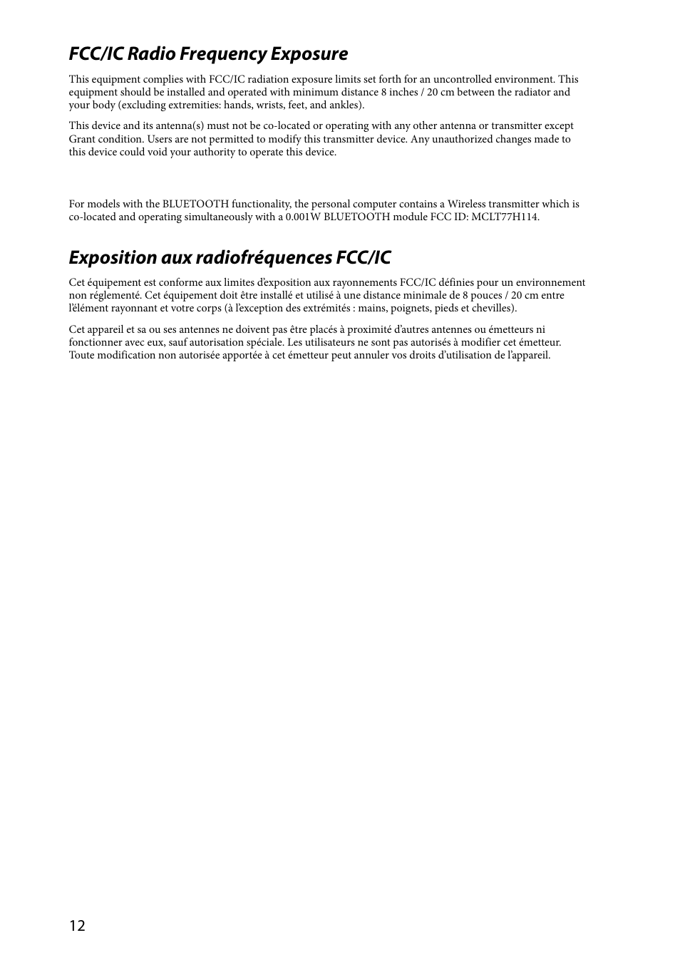 Fcc/ic radio frequency exposure, Exposition aux radiofréquences fcc/ic | Sony VPCCA390X User Manual | Page 12 / 24