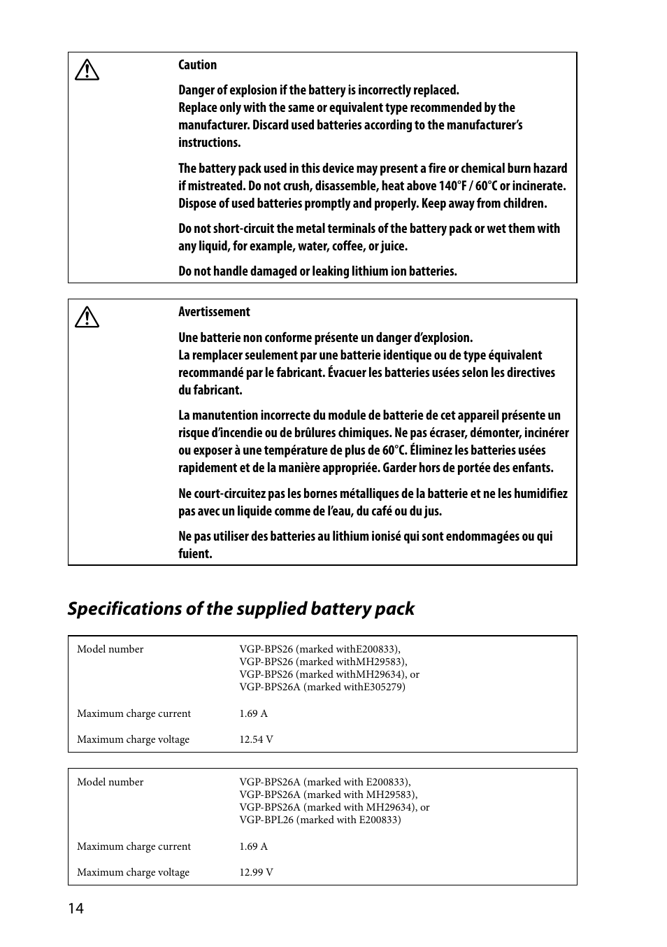 Specifications of the supplied battery pack | Sony VPCCA390X User Manual | Page 14 / 24