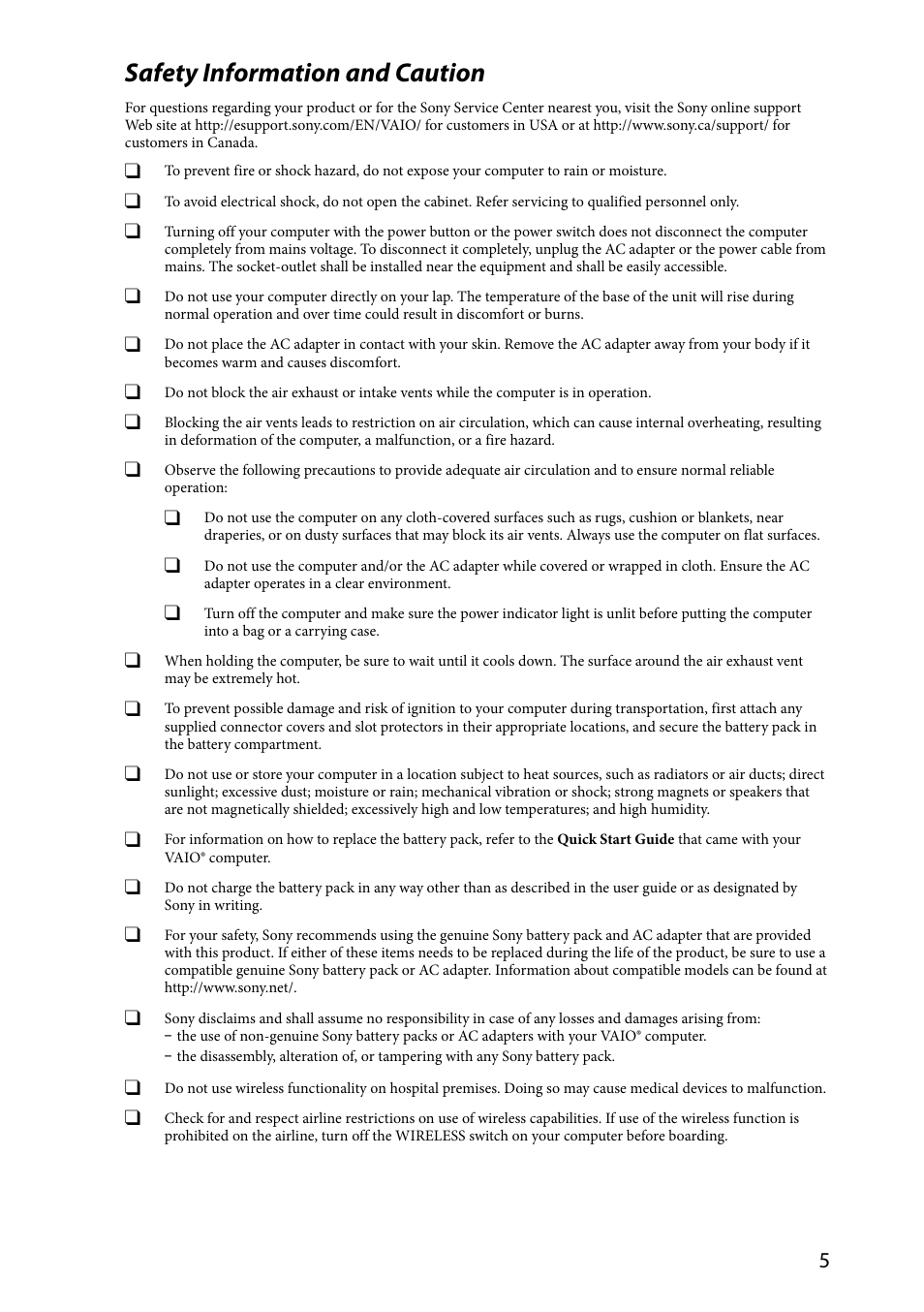 Safety information and caution | Sony VPCCA390X User Manual | Page 5 / 24